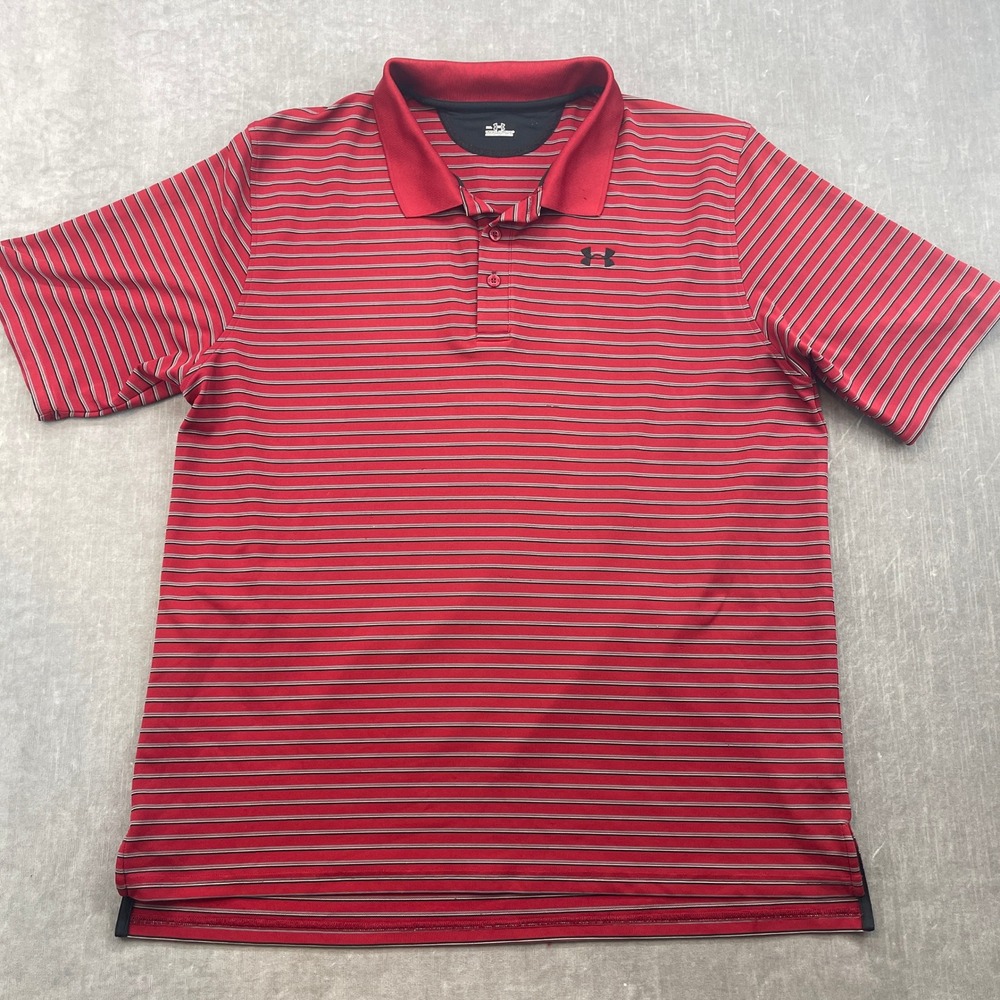 Under Armour Mens‎ XXL Red Striped Short Sleeve Golf Polo Shirt Performance Top